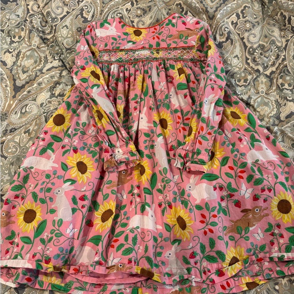 Mini Boden Girl’s Pink Bunny Long Sleeve Dress with Sunflowers Size 6-7